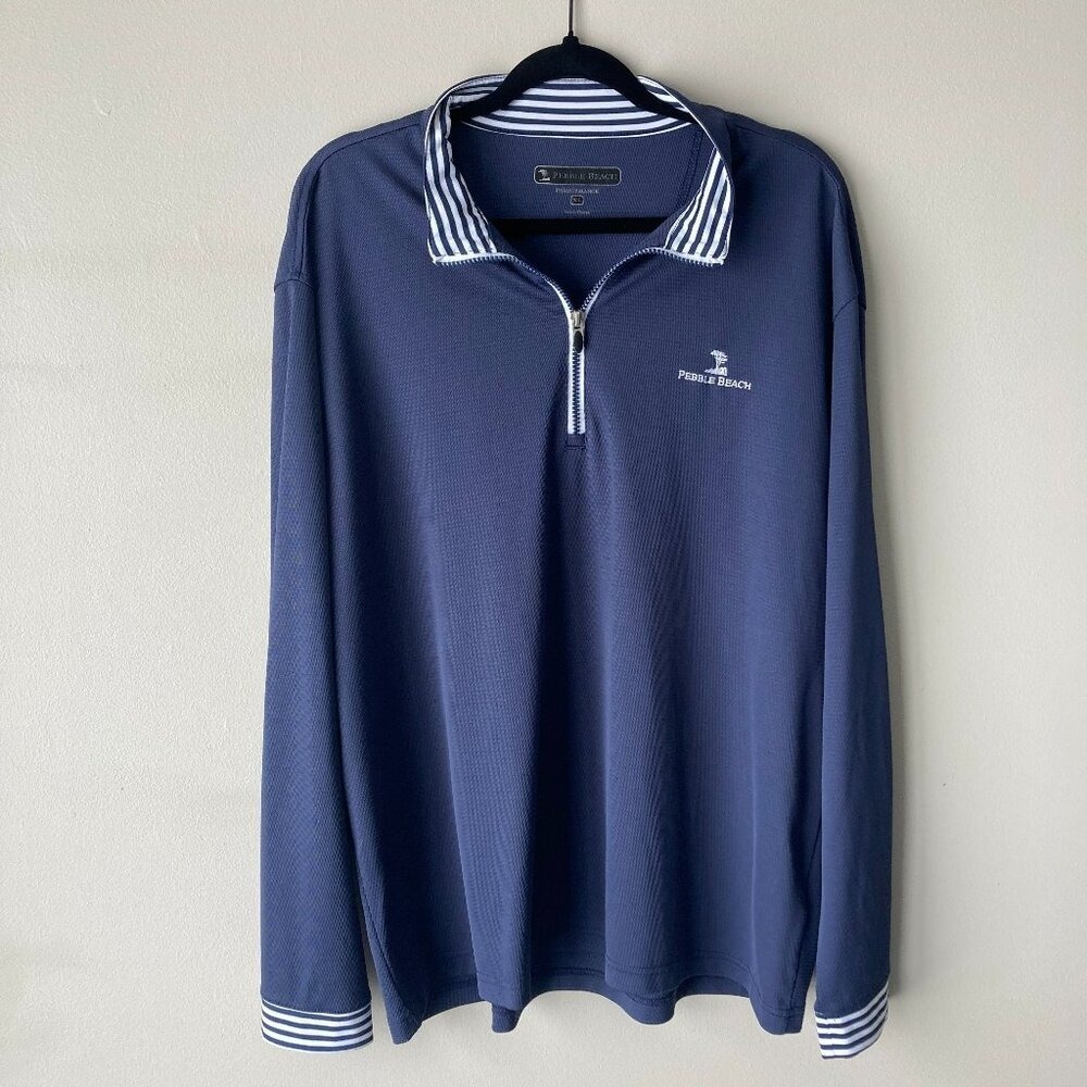 Pebble Beach Performance Mens XL Navy Blue Quarter Zip Pullover Striped Trim